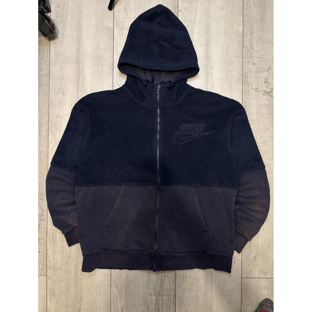 Vintage Nike Men's Blue Full Zip‎ Half Fuzzy Sherpa Hoodie Size M